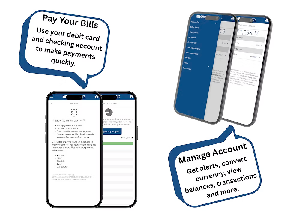 Mobile banking interface showing bill payment and account management features